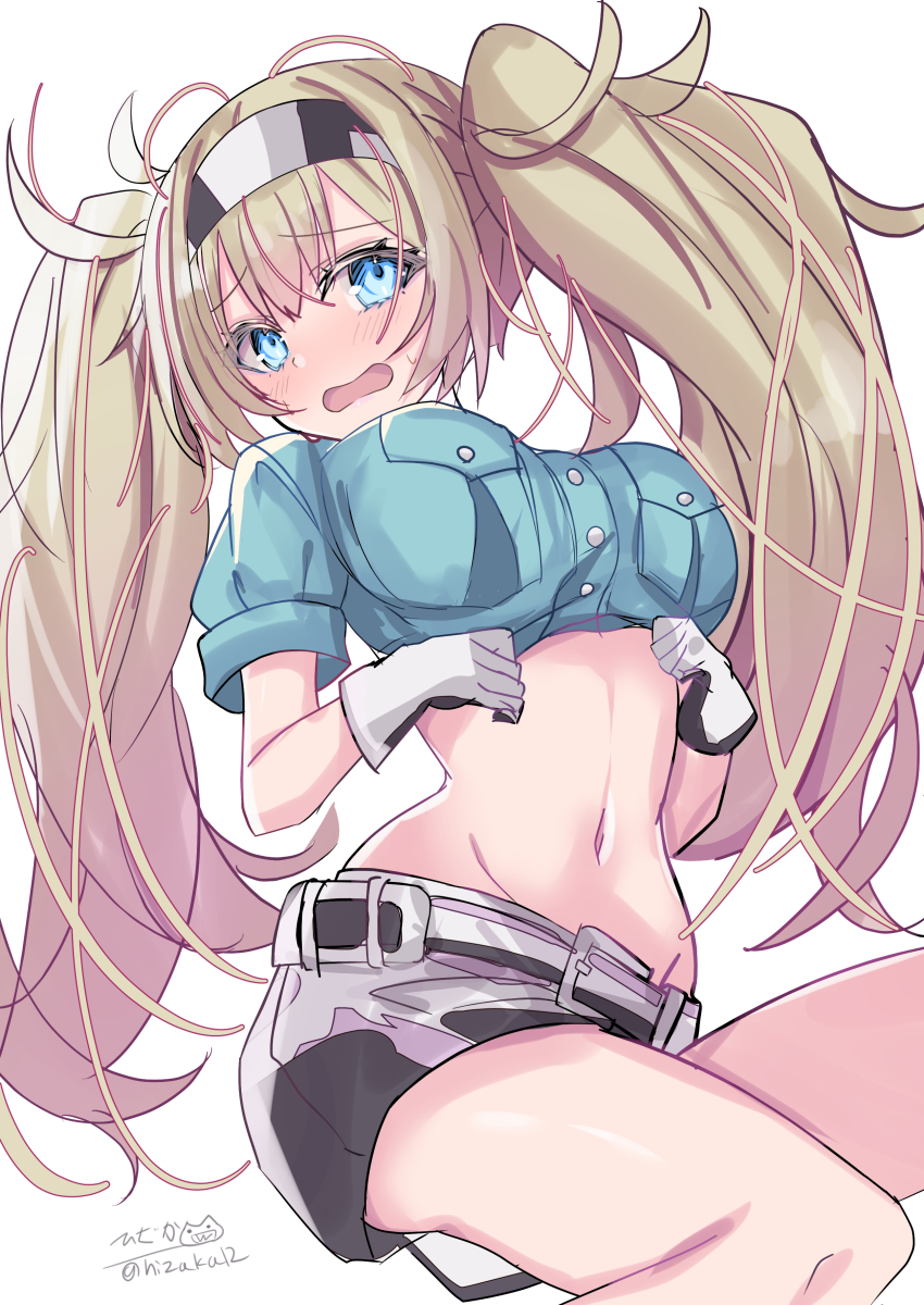 1girl absurdres antenna_hair belt blonde_hair blue_eyes blush breasts crop_top gambier_bay_(kancolle) hair_ribbon hairband highres hizaka kantai_collection large_breasts looking_at_viewer navel open_mouth ribbon shorts solo twintails twitter_username