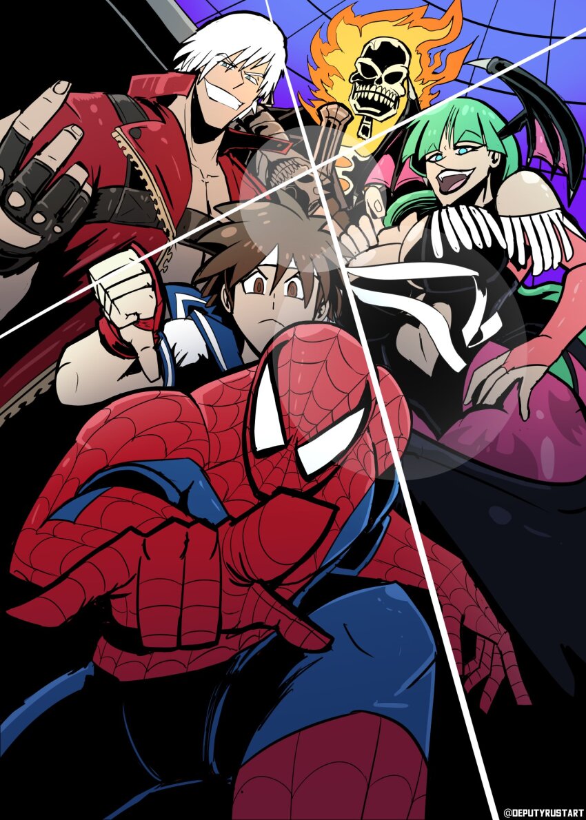 1girl belt_bra black_leotard breasts bridal_gauntlets capcom cleavage clothing_cutout coat dante_(devil_may_cry) darkstalkers demon_girl deputy_rust devil_may_cry devil_may_cry_(series) devil_may_cry_3 fingerless_gloves fire fourth_wall fur-trimmed_leotard fur_trim ghost_rider gloves green_hair head_wings headband heart_cutout highres kasugano_sakura large_breasts leotard long_hair marvel marvel_super_heroes_vs._street_fighter marvel_vs._capcom marvel_vs._capcom_2 marvel_vs._capcom_3 morrigan_aensland pantyhose purple_pantyhose rebellion_(sword) red_coat school_uniform spider-man spider-man_(series) street_fighter street_fighter_iv_(series) street_fighter_zero_(series) superhero_costume white_hair wings