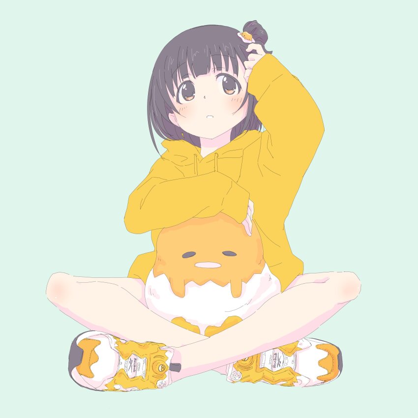 1girl absurdres adjusting_hair black_hair blunt_bangs brown_eyes character_hair_ornament drawstring flat_color gudetama hair_ornament highres hood hood_down hoodie idolmaster idolmaster_million_live! indian_style knees legs looking_up nakatani_iku one_side_up parted_lips sanrio shoes short_hair sitting solo stuffed_toy sumitomo white_footwear yellow_hoodie yellow_shoes
