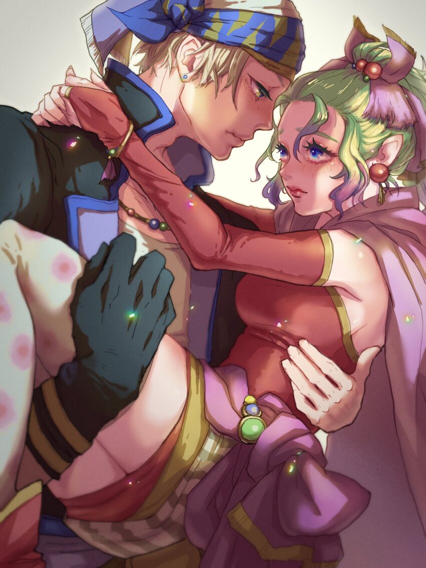 1boy 1girl arms_around_neck bead_necklace beads black_gloves black_jacket blue_eyes breasts bridal_gauntlets brown_eyes cape carrying detached_sleeves dress eakanasu earrings final_fantasy final_fantasy_vi gloves gold_trim green_hair grey_hair hair_bobbles hair_ornament hair_ribbon headscarf hetero highres jacket jewelry locke_cole long_hair medium_breasts necklace parted_bangs pink_cape pink_ribbon polka_dot polka_dot_legwear ponytail princess_carry red_dress red_sleeves ribbon sash shirt short_hair strapless strapless_dress tina_branford tube_dress upper_body waist_sash wavy_hair white_shirt