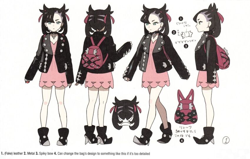 1girl asymmetrical_bangs asymmetrical_hair backpack bag black_boots black_choker black_hair black_jacket black_nails boots choker closed_mouth concept_art dress hair_ribbon hard-translated high_heels holding holding_poke_ball jacket jewelry long_sleeves looking_at_viewer marnie_(pokemon) multiple_views nintendo official_art pale_skin pink_bag pink_dress pointing_out_the_details poke_ball poke_ball_(basic) pokemon pokemon_swsh ribbon short_dress simple_background solo third-party_edit translated twintails undercut