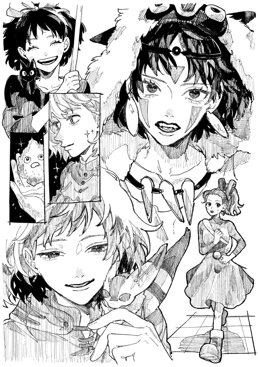 5girls ^_^ absurdres animal animal_on_shoulder arrietty boots calcifer cat closed_eyes dress earrings eyelashes facial_mark fangs greyscale highres holding howl_no_ugoku_shiro jewelry jiji_(majo_no_takkyuubin) karigurashi_no_arrietty kaze_no_tani_no_nausicaa kiki_(majo_no_takkyuubin) kome_uo majo_no_takkyuubin mask mask_on_head monochrome multiple_girls nausicaa open_mouth ponytail san_(mononoke_hime) short_hair smile sophie_hatter studio_ghibli teto_(nausicaa)