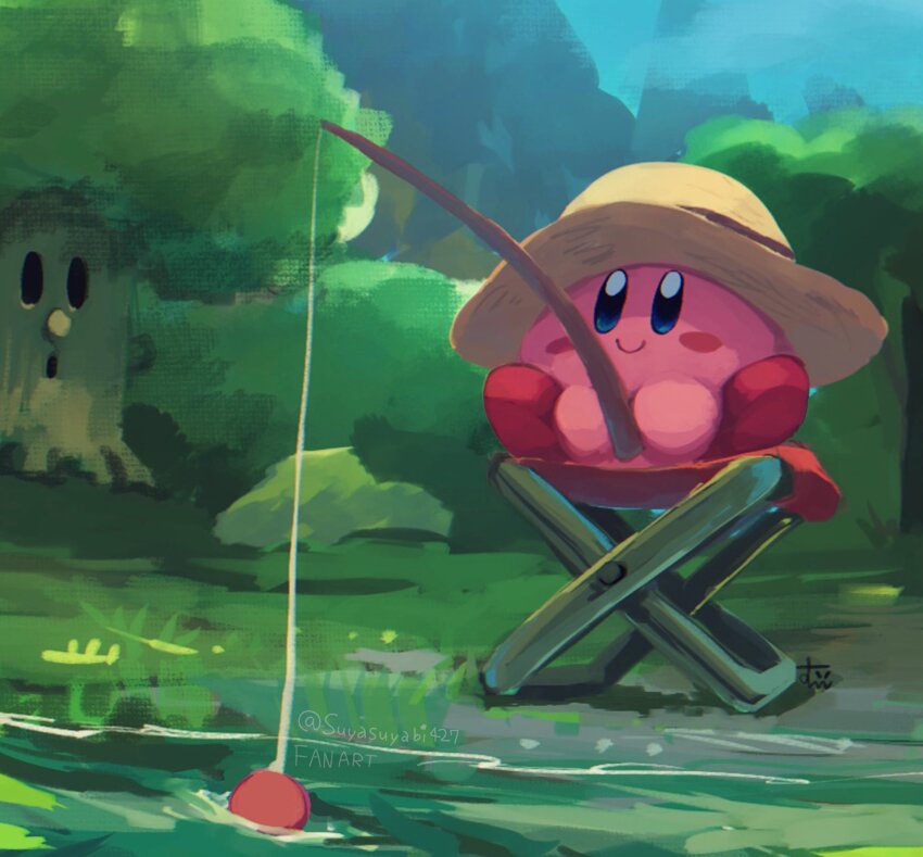 blue_eyes blush_stickers brown_hat chair closed_mouth fishing fishing_rod folding_chair forest hat highres holding holding_fishing_rod kirby kirby_(series) nature nintendo no_humans outdoors sitting smile straw_hat suyasuyabi tree twitter_username water whispy_woods