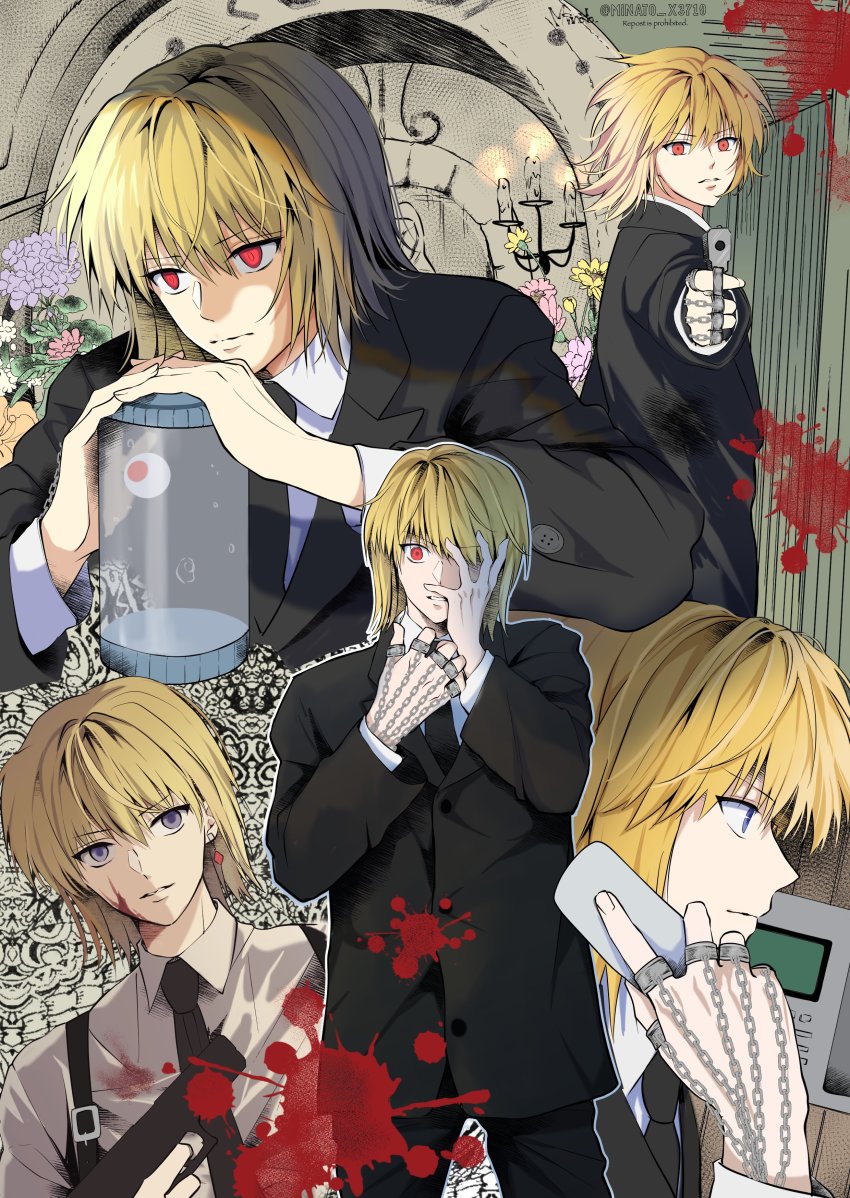 1boy absurdres blonde_hair blood candle chain closed_mouth commentary_request multiple_expressions gun hand_on_own_cheek hand_on_own_face highres holding holding_gun holding_weapon hunter_x_hunter kurapika looking_at_viewer male_focus minato_x3710 montage multiple_views necktie phone purple_eyes red_eyes short_hair weapon