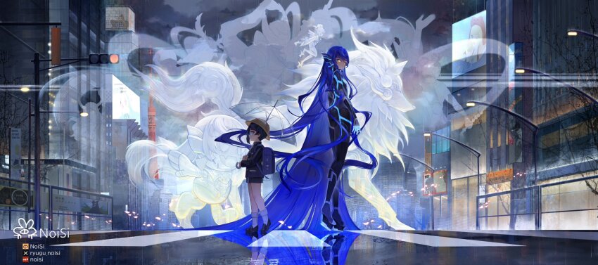 2boys absurdly_long_hair age_comparison amanozako_(megami_tensei) artist_name ass black_bodysuit blue_hair bodysuit character_request city demon_(megami_tensei) fionn_mac_cumhaill_(megami_tensei) forneus_(megami_tensei) hashtag-only_commentary hat hayataro_(megami_tensei) highres holding holding_umbrella idunn_(megami_tensei) ishtar_(megami_tensei) khonsu_(megami_tensei) lamppost long_hair male_focus mot_(megami_tensei) multiple_boys nahobeeho night noisi outdoors protagonist_(smtv) puddle rain reflection road school_hat shin_megami_tensei shin_megami_tensei_v shin_megami_tensei_v:_vengeance street thoth_(megami_tensei) tokyo_(city) tokyo_tower traffic_light trap tsukuyomi_(megami_tensei) twitter_username umbrella vasuki_(megami_tensei) very_long_hair zeus_(megami_tensei)