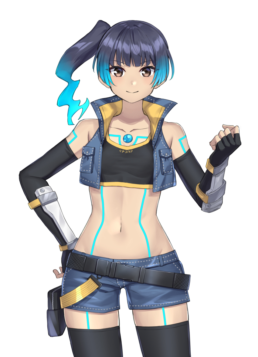 1girl armpit_crease artist_name bare_shoulders belt black_gloves black_sports_bra black_thighhighs blue_hair blue_shorts brown_eyes chest_jewel closed_mouth collarbone collared_vest commentary_request cowboy_shot crop_top cropped_vest denim denim_shorts elbow_gloves eyelashes fiery_hair gloves highres looking_at_viewer medium_hair midriff navel open_clothes open_vest pouch sena_(xenoblade) shinae short_shorts shorts simple_background smile solo sports_bra standing thighhighs twitter_username vest white_background xenoblade_chronicles_(series) xenoblade_chronicles_3 yellow_trim