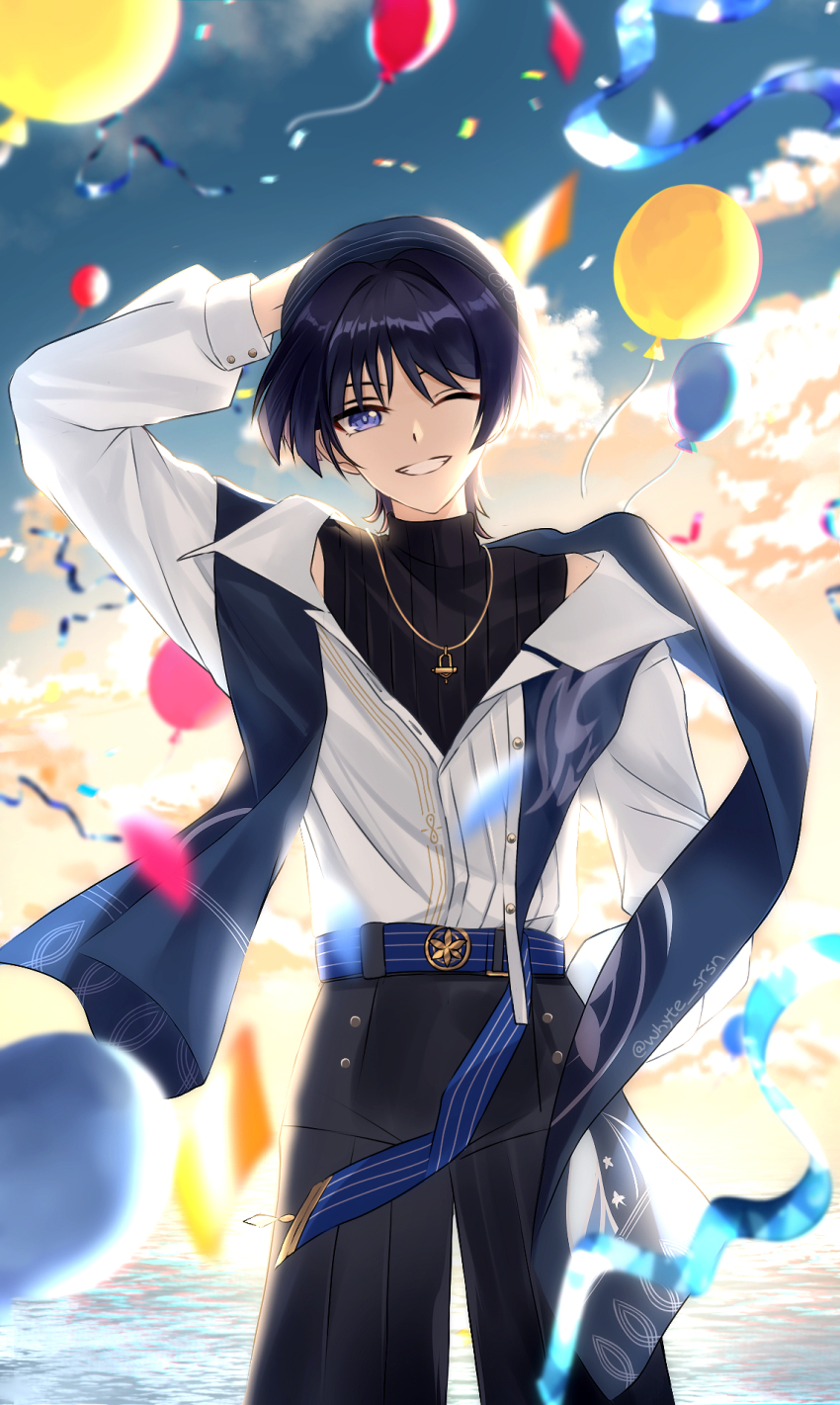 1boy alternate_costume arm_at_side arm_up backlighting balloon belt beret black_pants black_shirt black_undershirt blue_belt blue_hat blue_shawl blue_sky blunt_ends bright_pupils casual collared_shirt confetti contemporary eyeliner eyeshadow genshin_impact gold_buckle gold_necklace gold_pendant gold_trim grin hakama hakama_pants hand_on_own_hip hat highres japanese_clothes jewelry long_sleeves looking_at_viewer makeup male_focus necklace official_alternate_costume one_eye_closed outdoors pants partially_unbuttoned pleated_pants purple_eyes purple_hair red_eyeliner red_eyeshadow ribbed_shirt scaramouche_(genshin_impact) shawl shirt shore shoulder_peek sky smile solo straight-on teeth turtleneck turtleneck_shirt twitter_username wanderer_(genshin_impact) wanderer_(wanderer_impression)_(genshin_impact) white_pupils white_shirt white_sleeves whyte_srsn wing_collar