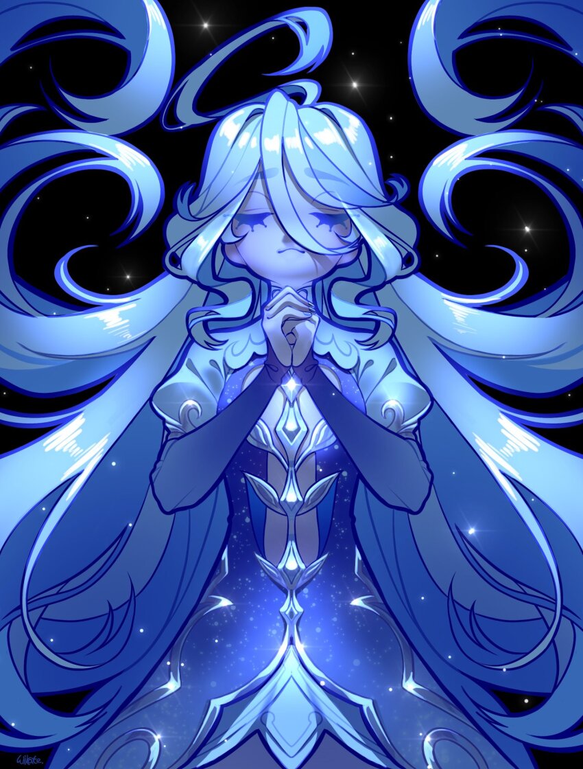 1girl black_background blue_dress blue_theme closed_eyes closed_mouth cowboy_shot dress eyelashes floating_hair furina_(genshin_impact) genshin_impact hair_between_eyes happy highres interlocked_fingers juliet_sleeves light_particles long_dress long_sleeves own_hands_clasped own_hands_together puffy_sleeves scar scar_on_face simple_background sleeves_past_wrists smile solo straight-on wavy_hair wikate