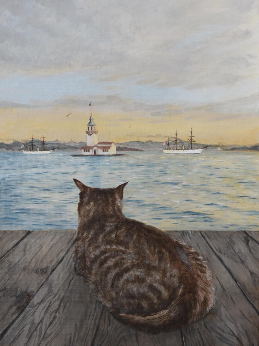 absurdres acrylic_paint_(medium) animal_focus atelier_bono cat dock evening from_behind highres istanbul lighthouse no_humans ocean original painting_(medium) port scenery ship sky traditional_media turkey_(country) watercraft