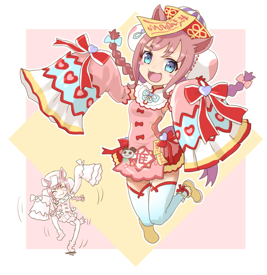 1girl agnes_digital_(umamusume) alternate_hairstyle animal_ears blue_eyes blush breasts commentary_request detached_sleeves full_body hair_bun hair_ornament hat highres horse_ears horse_girl jiangshi jumping katahira_masashi long_braid long_sleeves official_alternate_costume open_mouth solo thighhighs umamusume