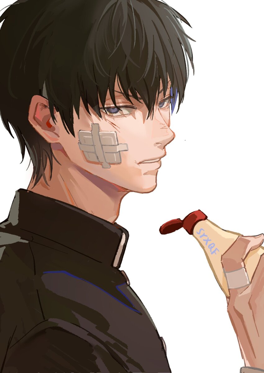1boy bandage_on_face bandages bandaid bandaid_on_face bandaid_on_hand blue_eyes bottle commentary commentary_request gakuran gintama hair_between_eyes highres hijikata_toushirou holding holding_bottle looking_at_viewer male_focus mayonnaise_bottle official_alternate_costume parted_lips portrait school_uniform seppuku009 short_hair solo upper_body white_background