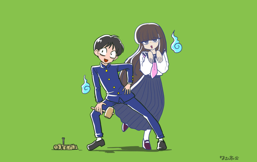 1boy 1girl bags_under_eyes black_eyes black_hair blunt_bangs brown_hair character_request full_body ghost_girl gosunkugi_hikaru green_background hammer hand_on_own_hip highres hitodama holding holding_hammer loafers mary_janes nail_(hardware) neckerchief outstretched_arms pink_neckerchief ranma_1/2 shirt shoes short_hair socks voodoo_doll wanta_(futoshi) white_shirt white_socks zombie_pose