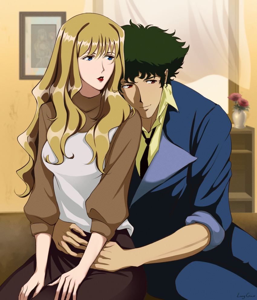 absurdres blonde_hair blue_eyes brown_eyes couple cowboy_bebop green_hair highres julia_(cowboy_bebop) lucyguusi spike_spiegel