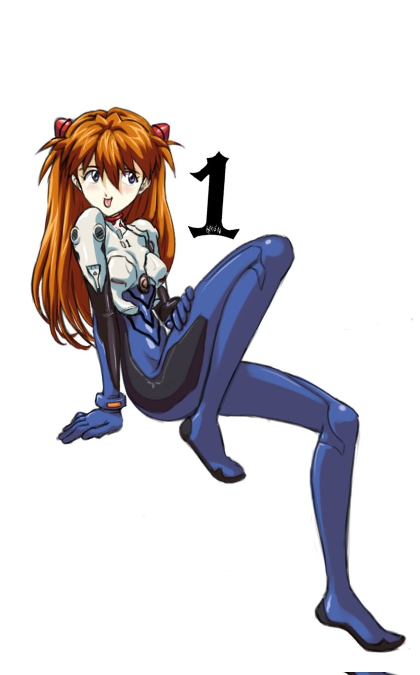 1girl amondetauro blue_eyes bodysuit cosplay hair_between_eyes highres ikari_shinji ikari_shinji_(cosplay) interface_headset_(evangelion) invisible_chair mecha_pilot_suit multicolored_bodysuit neon_genesis_evangelion orange_hair plugsuit_(evangelion) simple_background sitting solo souryuu_asuka_langley tongue tongue_out white_background white_bodysuit