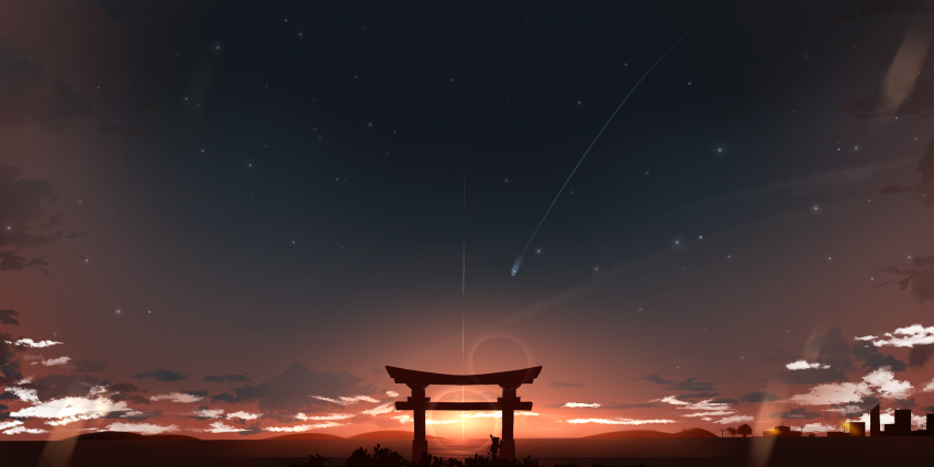 1girl absurdres cat_girl city cloud crwdzx gradient_sky highres night night_sky original scenery shooting_star silhouette sky sun sunrise torii twilight
