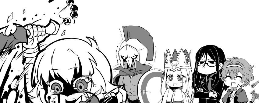 2girls 3boys absurdres aged_up armor beads black_hair blood crazy_eyes crown david_(fate) david_(fate/apocrypha) dress_of_heaven fate/apocrypha fate/grand_order fate/stay_night fate/zero fate_(series) formal_clothes glasses greyscale hairband helmet highres ibaraki_douji_(fate) irisviel_von_einzbern irisviel_von_einzbern_(caster) jack_the_ripper_(fate/apocrypha) knife leonidas_(fate) long_hair long_sleeves lord_el-melloi_ii monochrome multiple_boys multiple_girls necktie prayer_beads sa_nu scar shepherd&#039;s_crook shield short_hair sleeves_past_wrists suit topless_male waver_velvet weapon white_background