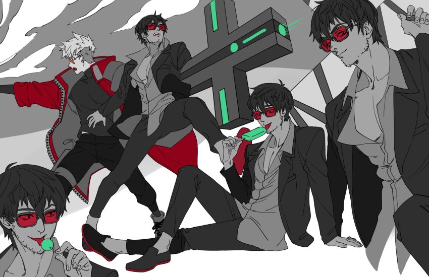 2boys black_hair black_jacket black_pants black_shoes blonde_hair candy collared_shirt facial_hair food full_body hair_between_eyes highres holding holding_candy holding_food holding_ice_cream holding_lollipop ice_cream ice_cream_bar jacket limited_palette lollipop male_focus multiple_boys multiple_views nicholas_d._wolfwood open_mouth pants red_jacket shirt shoes sitting solthrys stubble sunglasses tongue tongue_out trigun trigun_stampede undercut vash_the_stampede