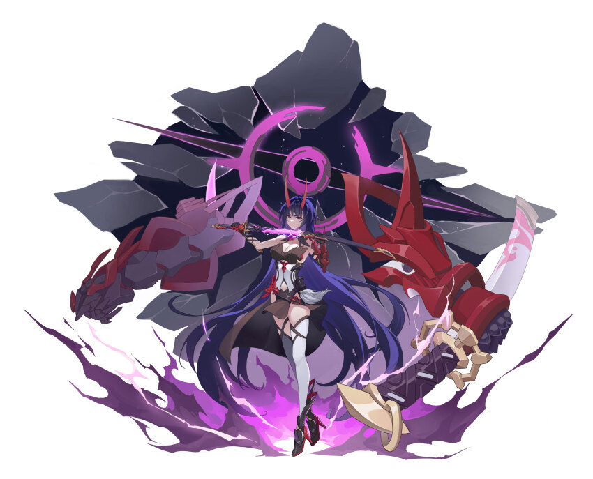 1girl absurdres black_dress black_footwear breasts cleavage clothing_cutout dress hair_between_eyes high_heels highres holding holding_sword holding_weapon honkai_(series) honkai_impact_3rd horns large_breasts long_hair pelvic_curtain purple_eyes raiden_mei raiden_mei_(herrscher_of_thunder) red_horns side_cutout standing stupid_goose_man sword tachi-e thighhighs thighs very_long_hair weapon white_thighhighs