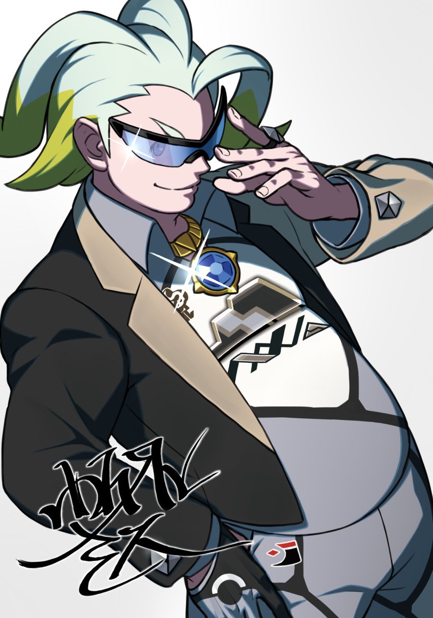 1boy adjusting_eyewear bite_addict black-framed_eyewear blue-tinted_eyewear blue_eyes brown_jacket closed_mouth collared_shirt game_freak glint gloves gordie_(pokemon) hand_on_own_hip hand_up highres jacket jewelry looking_at_viewer male_focus multicolored_hair necklace nintendo pokemon pokemon_swsh ring shirt shorts single_glove smile solo sunglasses tinted_eyewear two-tone_hair white_background