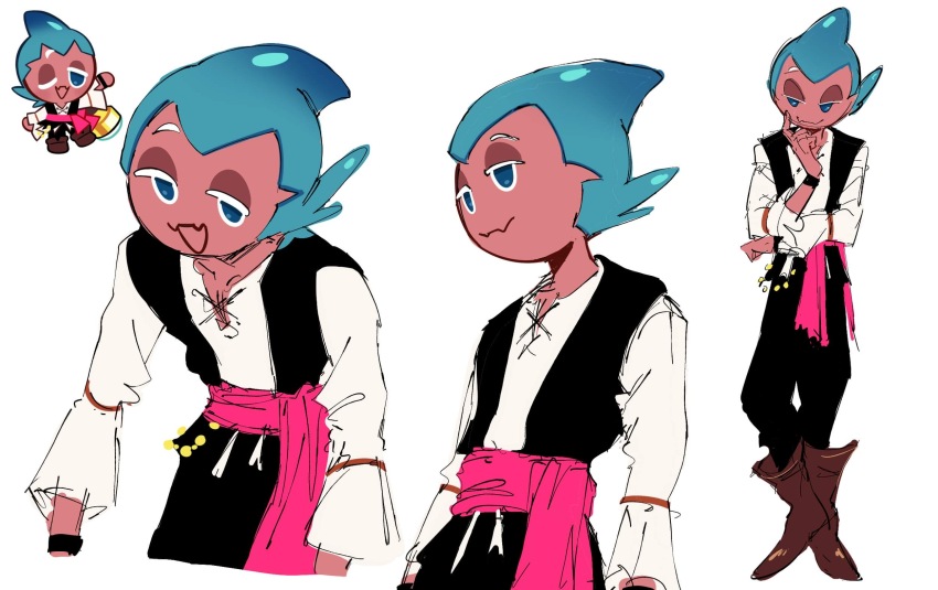 1boy aqua_eyes aqua_hair bandana bandana_around_waist bell_sleeves black_pants black_vest blue_eyes blue_hair brown_footwear cavalier_boots chain collarbone colored_skin cookie_run cowboy_shot creature_and_personification fang fin finger_to_cheek full_body gold gold_chain gradient_hair half-closed_eyes hand_up highres humanization lace-up_top long_sleeves looking_at_viewer looking_to_the_side male_focus multicolored_hair multiple_views open_mouth pants personification pink_bandana pink_sash pink_skin raised_eyebrow reference_inset sash shark_boy shark_fin shirt short_hair skin_fang sorbet_shark_cookie spyglass standing telescope two-tone_hair vest white_background white_shirt wristband