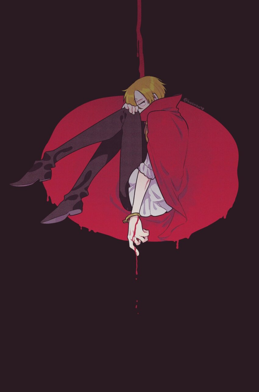 1boy black_pants blood bracelet cape commentary_request curled_up curly_eyebrows full_body highres jewelry male_focus mitsubachi_koucha one_piece pants red_cape sanji_(one_piece) shirt solo twitter_username white_shirt