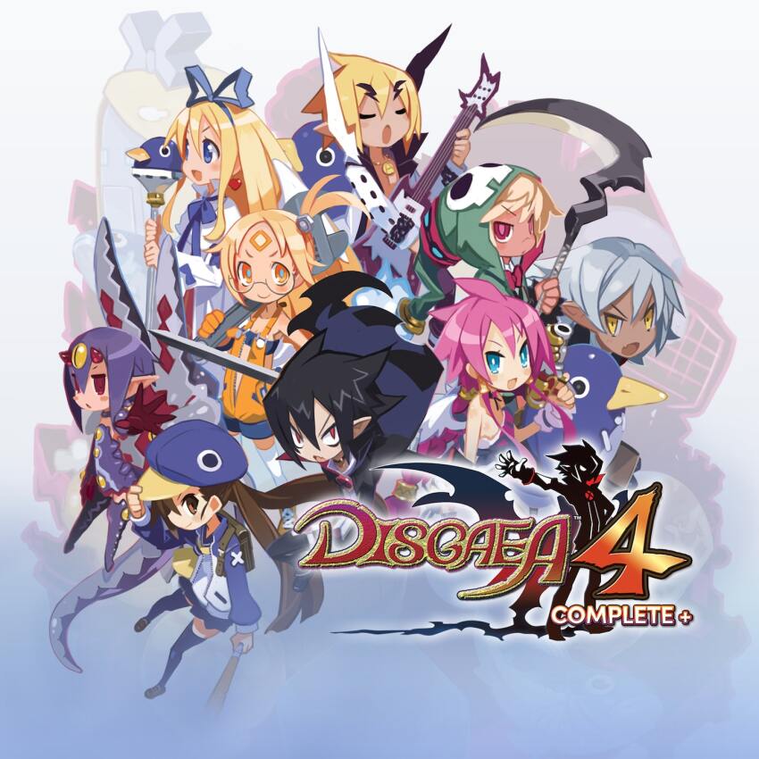 4boys 5girls akutare_(disgaea) black_hair blue_eyes blue_hat bow braid bright_pupils brown_eyes brown_hair child choker closed_eyes demon_boy demon_girl desco_(disgaea) disgaea emizel_(disgaea) facial_mark fenrich_(disgaea) fingerless_gloves flonne flonne_(archangel) forehead_mark glasses gloves green_hoodie grey_hair guitar hair_bow hair_tubes harada_takehito hat highres holding holding_scythe hood hoodie instrument jacket jitome kazamatsuri_fuuka logo long_hair makai_senki_disgaea_4 monster_girl multiple_boys multiple_girls nagi_clockwork official_art orange_eyes pants penguin_hat pink_hair pointy_ears prinny purple_hair red_eyes round_eyewear scythe shoes side_ponytail sidelocks skirt smile tail tan thighhighs twintails valvatorez_(disgaea) vulcanus_(disgaea_4) wand wrench wrist_cuffs yellow_eyes