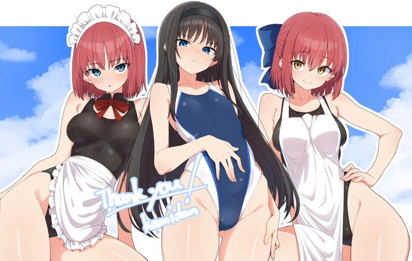 3girls alternate_costume apron black_hair black_hairband black_one-piece_swimsuit blue_eyes blue_one-piece_swimsuit blue_sky breasts cloud commission competition_swimsuit flat_chest frilled_apron frills gluteal_fold hair_ribbon hairband hand_on_own_hip highres hisui_(tsukihime) kamidan kohaku_(tsukihime) long_hair looking_at_viewer maid_headdress medium_breasts multiple_girls one-piece_swimsuit red_eyes red_hair ribbon short_hair skeb_commission sky smile swimsuit tohno_akiha tsukihime waist_apron