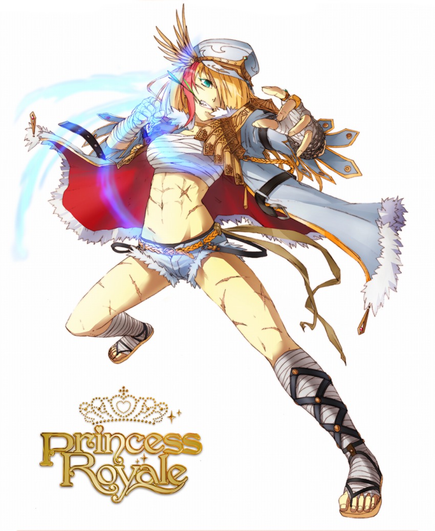 1girl abs aqua_eyes athena_(mythology) bandages belt blonde_hair breasts chain coat cross-laced_footwear female_focus greek_mythology hair_over_one_eye hat highres midriff nakano_haito original princess_royale sarashi scar short_shorts shorts solo