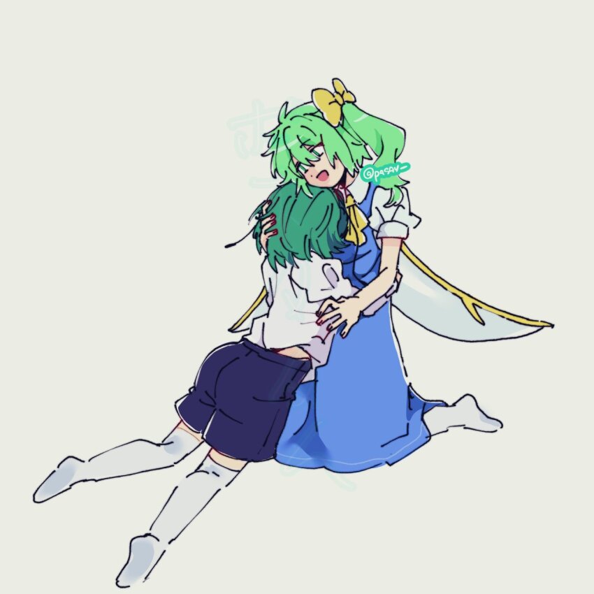 2girls antennae ascot blue_dress blue_shorts bobotatamu bow collared_shirt commentary_request daiyousei dress fairy_wings full_body green_eyes green_hair grey_background grey_wings hair_bow high_side_ponytail highres kneehighs long_hair looking_at_another multiple_girls pinafore_dress shirt short_hair shorts simple_background sleeveless sleeveless_dress socks touhou white_shirt white_socks wings wriggle_nightbug yellow_ascot yellow_bow