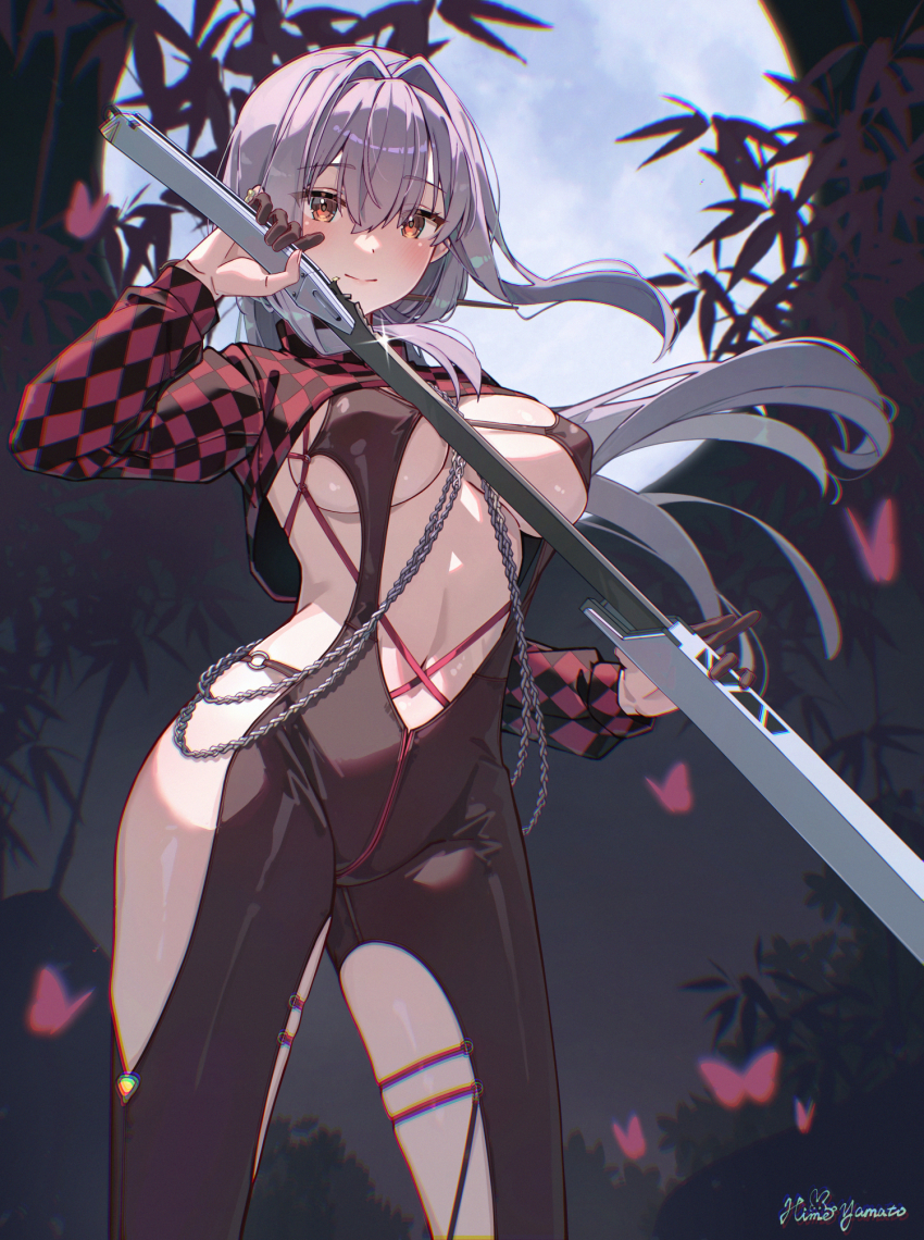 1girl black_bodysuit body_chain bodysuit breasts center_opening checkered_shrug clothing_cutout commentary_request cowboy_shot double-parted_bangs drawing_sword finger_cots floating_hair full_moon goddess_of_victory:_nikke grey_hair hair_between_eyes hair_intakes highres himeyamato holding holding_sheath holding_sword holding_weapon large_breasts long_hair moon navel night orange_eyes red_shrug scarlet_(nikke) scarlet_(racer&#039;s_high)_(nikke) sheath shrug_(clothing) sideboob sideless_outfit standing sword thigh_cutout underboob unsheathing very_long_hair weapon