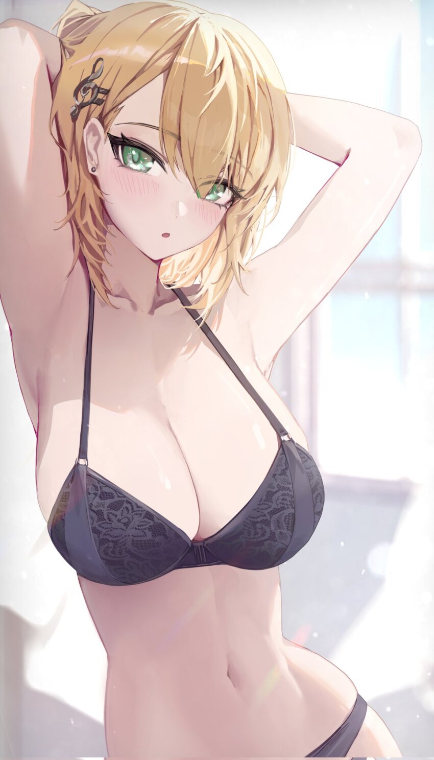 1girl armpits arms_behind_head black_bra black_panties blonde_hair bra breasts cleavage commission green_eyes hair_behind_ear hair_ornament hair_over_one_eye highres josie-62 large_breasts light_blush looking_at_viewer medium_hair navel panties parted_bangs second-party_source solo stomach treble_clef underwear vfleet virtual_youtuber yoellim5