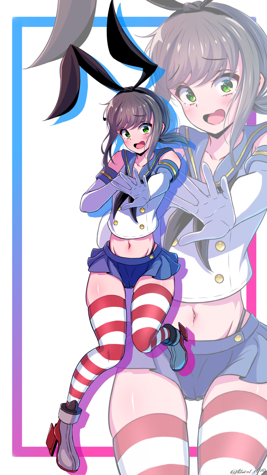 1girl absurdres black_hairband black_neckerchief black_panties blue_sailor_collar blue_skirt brown_hair cosplay crop_top elbow_gloves embarrassed fubuki_(kancolle) gloves green_eyes hairband highleg highleg_panties highres kantai_collection looking_at_viewer low_ponytail microskirt navel neckerchief open_mouth panties pleated_skirt ponytail rudder_footwear sailor_collar shimakaze_(kancolle) shimakaze_(kancolle)_(cosplay) short_hair short_ponytail sidelocks skirt striped_clothes striped_thighhighs thighhighs thong underwear white_gloves yoko_hata zoom_layer