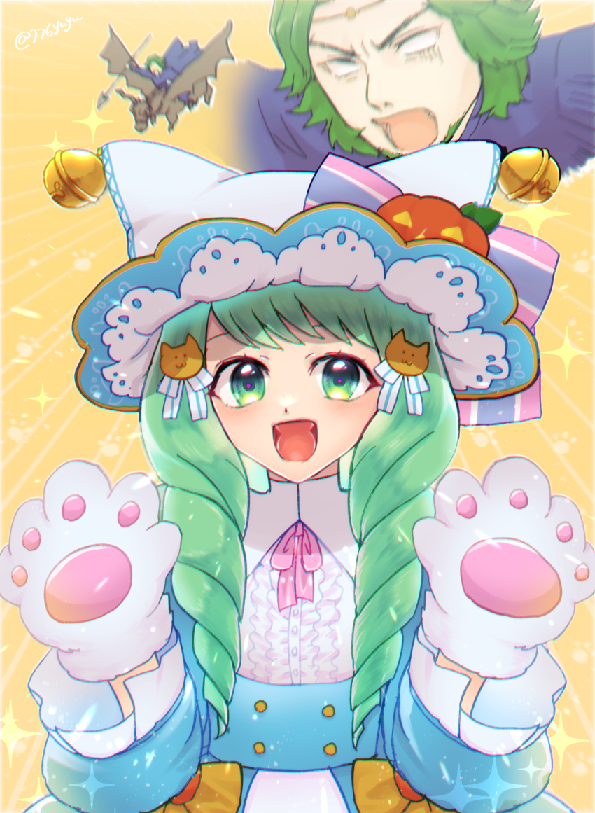 1boy 1girl 776yuyu animal_ears cat_ears cat_girl commentary_request riding_dragon father_and_daughter fire_emblem fire_emblem:_three_houses fire_emblem_heroes flayn_(fire_emblem) flayn_(halloween)_(fire_emblem) halloween halloween_costume highres nintendo official_alternate_costume seteth_(fire_emblem)