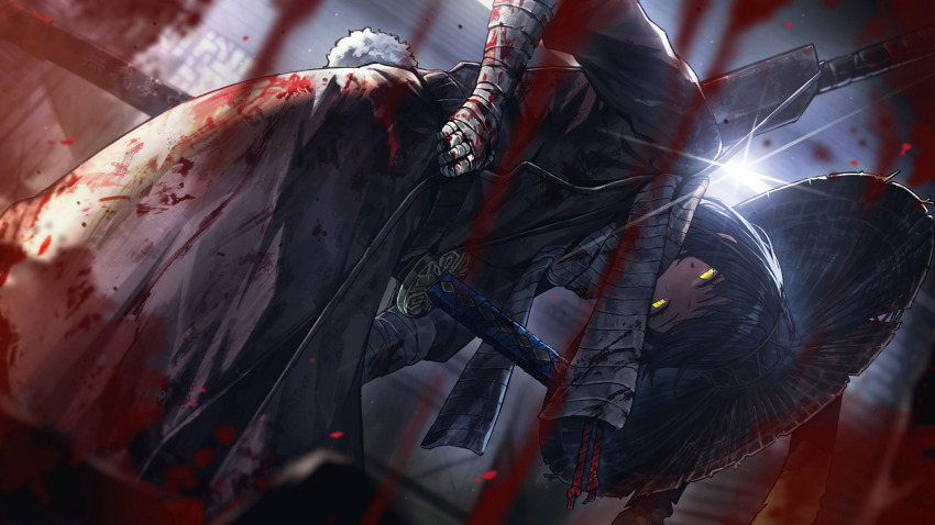 1girl alternate_eye_color arm_wrap black_hair blood blood_on_clothes bob_cut game_cg greatsword grey_robe hand_wraps hat heishou_pack-mao_branch_(identity)_(project_moon) highres limbus_company nai_ga official_art ootachi project_moon rabbit_tail rice_hat robe ryoshu_(project_moon) scarf solo sword tail weapon yellow_eyes