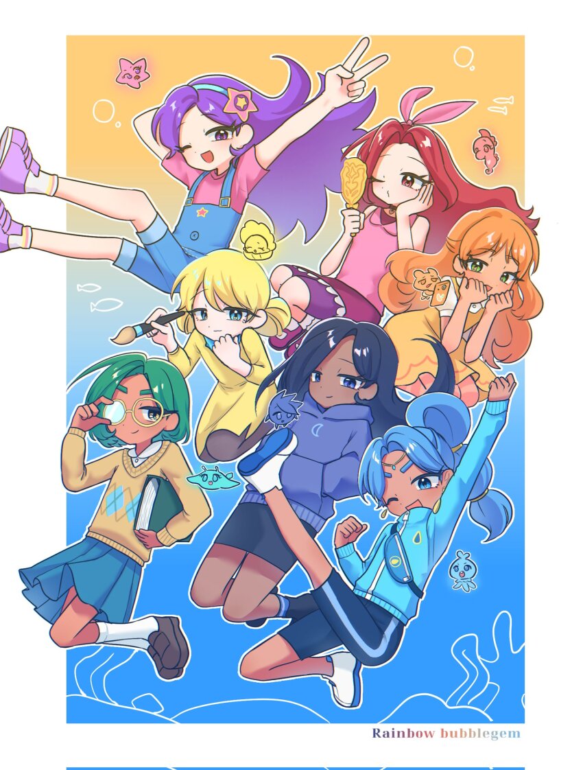 6+girls artist_request blonde_hair blue_eyes blue_hair blue_sapphire_(rainbow_bubblegem) green_eyes green_leaf_(rainbow_bubblegem) highres indigo_hair indigo_keen_(rainbow_bubblegem) multiple_girls orange_amber_(rainbow_bubblegem) orange_hair purple_eyes purple_hair purple_star_(rainbow_bubblegem) rainbow_bubblegem red_eyes red_hair red_ruby_(rainbow_bubblegem) smile yellow_gold_(rainbow_bubblegem)