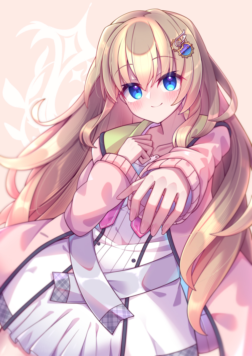 1girl 9-nine- belt blue_eyes blush brown_hair cardigan clenched_hand closed_mouth commentary cowboy_shot dress dutch_angle eyes_visible_through_hair floating_hair gear_hair_ornament grey_belt hair_between_eyes hair_ornament hand_up happy highres kujou_miyako long_hair long_sleeves looking_at_viewer mate_(oktavia1121) open_cardigan open_clothes outstretched_arm pink_background pink_cardigan reaching reaching_towards_viewer school_uniform simple_background smile solo star_(symbol) star_print very_long_hair white_dress wing_hair_ornament