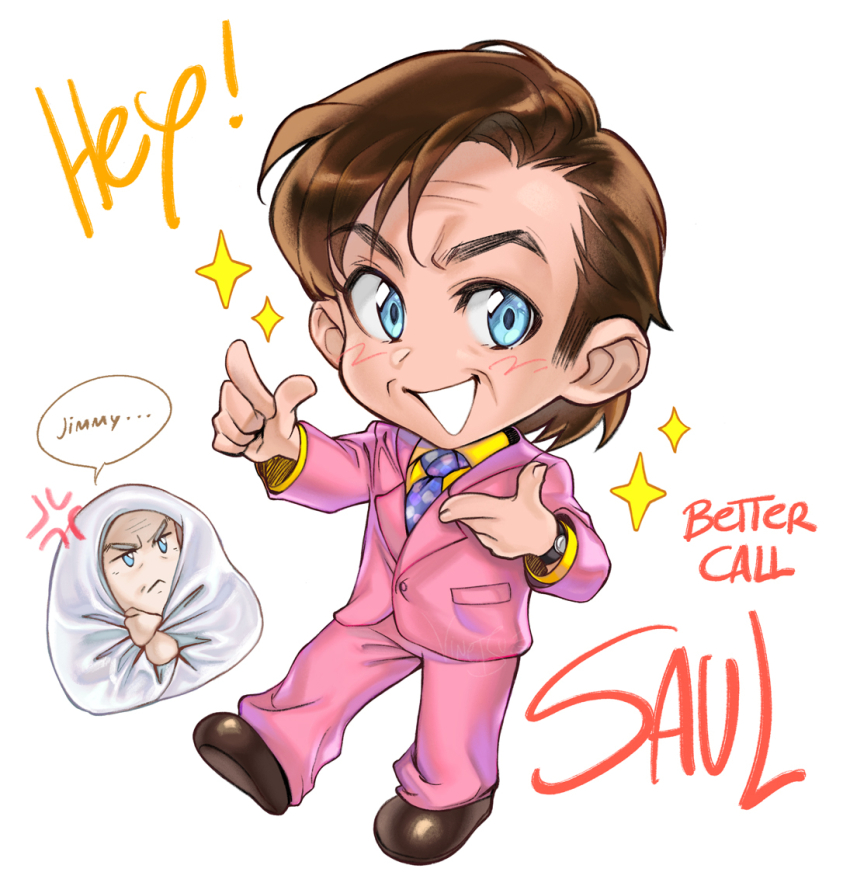 2boys anger_vein aqua_eyes better_call_saul breaking_bad brothers brown_hair brown_shoes charles_mcgill chibi chibi_only collared_shirt formal_clothes full_body jacket male_focus multiple_boys necktie pants parted_lips pink_jacket pink_pants pink_suit purple_necktie saul_goodman shirt shoes short_hair siblings smile sparkle standing suit suit_jacket teeth vinetsu white_background yellow_shirt