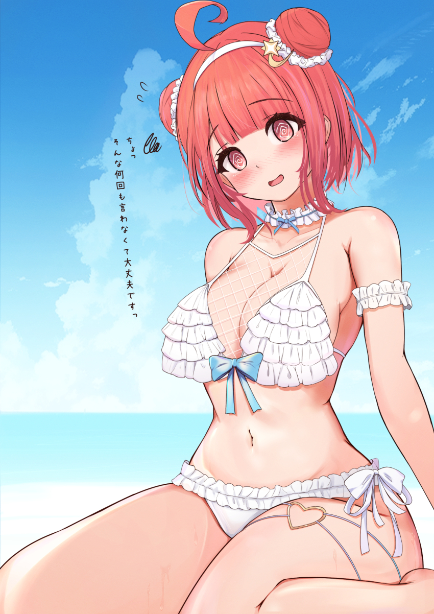1girl @_@ ahoge beach bikini blue_bow blue_sky blunt_bangs blush bow breasts choker cloud day double_bun fishnets flying_sweatdrops frilled_bikini frilled_choker frills hair_bun hair_ornament hairband head_tilt heart heart_o-ring highres horizon large_breasts looking_at_viewer miramira1908 navel nose_blush o-ring o-ring_thigh_strap ocean open_mouth orange_eyes orange_hair outdoors short_hair side-tie_bikini_bottom sitting sky solo star_(symbol) star_hair_ornament swimsuit thigh_strap thighs virtual_youtuber vspo! wariza water wet white_bikini white_choker white_hairband yumeno_akari yumeno_akari_(summer_c102)