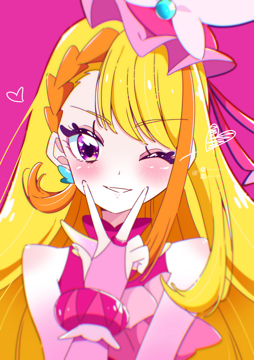 1girl absurdres artist_name blonde_hair blurry braid braided_bangs bridal_gauntlets butterfly_hat_ornament commentary cure_butterfly earrings elbow_gloves frilled_shirt frills gloves hat hat_ornament heart highres hijiri_ageha hirogaru_sky!_precure jewelry looking_at_viewer magical_girl mob_cap multicolored_hair one_eye_closed open_mouth orange_hair pink_background pink_gloves pink_hat pink_shirt pixiv_username potacure precure purple_eyes shirt signature sleeveless sleeveless_shirt smile solo tilted_headwear twitter_username two-tone_hair v v_over_mouth