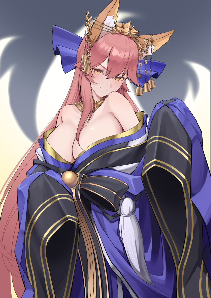 1girl absurdres animal_ear_fluff animal_ears bare_shoulders bell blue_bow blue_kimono blush bow breasts cleavage fate/extra fate/grand_order fate_(series) fox_ears fox_girl fox_tail gamangajo hair_between_eyes hair_bow hair_ornament hairpin highres japanese_clothes jewelry kimono large_breasts long_hair long_sleeves looking_at_viewer multiple_tails neck_ring obi off_shoulder pink_hair sash sidelocks smile solo tail tamamo_(fate) tamamo_no_mae_(fate/extra) tamamo_no_mae_(third_ascension)_(fate) very_long_hair wide_sleeves yellow_eyes
