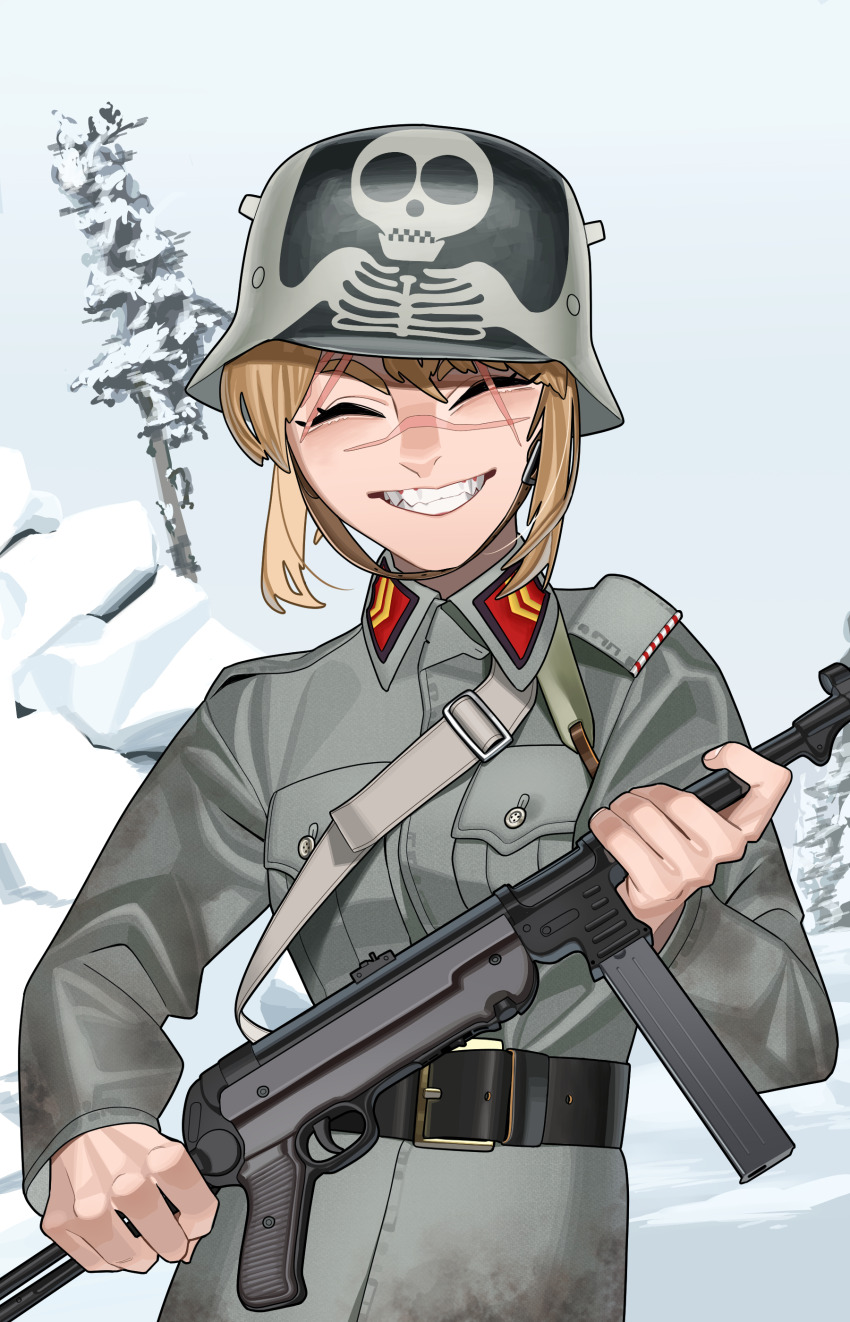 1girl absurdres belt black_belt blonde_hair chevron_(symbol) closed_eyes combat_helmet eyebrow_cut grey_sky gun hearts_of_iron helmet highres holding holding_gun holding_weapon kaiserreich military mp40 pzkpfwi scar scar_on_face scar_on_nose short_hair sky smile snow_on_tree solo submachine_gun tree weapon