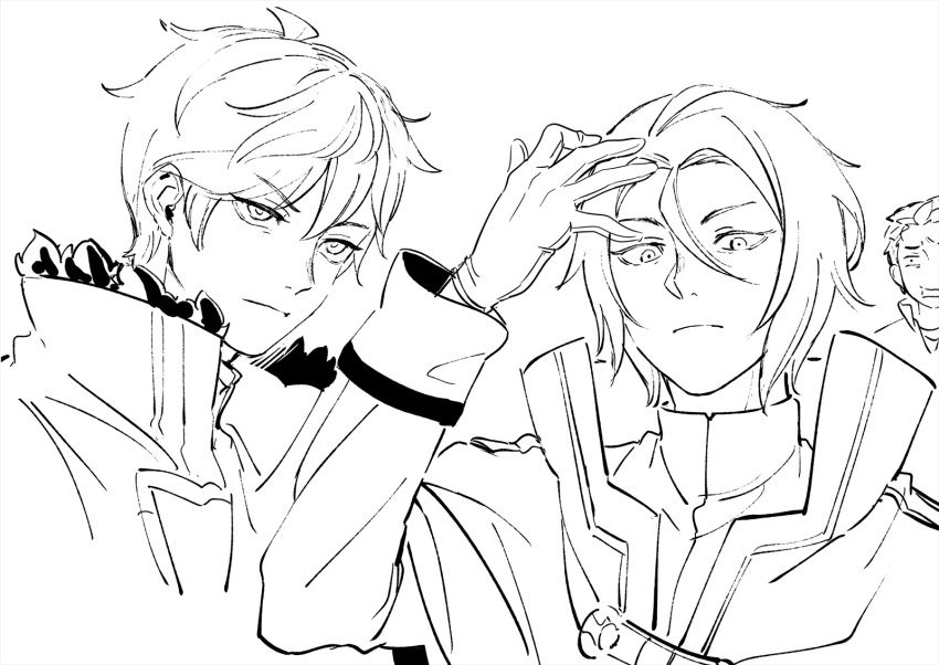 3boys closed_mouth collared_shirt formal_clothes gloves hand_on_forehead hand_to_forehead highres iwamushi julius_juukulius long_sleeves looking_at_viewer male_focus monochrome multiple_boys natsuki_subaru open_mouth re:zero_kara_hajimeru_isekai_seikatsu reinhard_van_astrea shirt short_hair simple_background sketch white_background