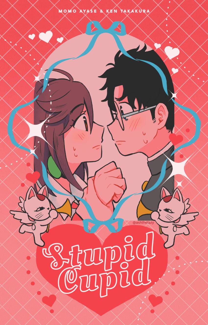 1boy 1girl absurdres angel_wings ashthelazy ayase_momo black_choker black_hair black_jacket blue_ribbon blush bow bowtie brown_eyes brown_hair cat character_name checkered_background choker closed_mouth collared_shirt commentary cupid dandadan english_commentary eye_contact from_side gakuran glasses heart highres holding holding_another&#039;s_wrist holding_instrument holding_trumpet instrument jacket looking_at_another pink_background pink_sweater profile red_bow red_bowtie ribbon round_eyewear school_uniform shirt short_hair sparkle sweatdrop sweater takakura_ken_(dandadan) trumpet turbo_granny_(dandadan) twitter_username upper_body white_shirt wings