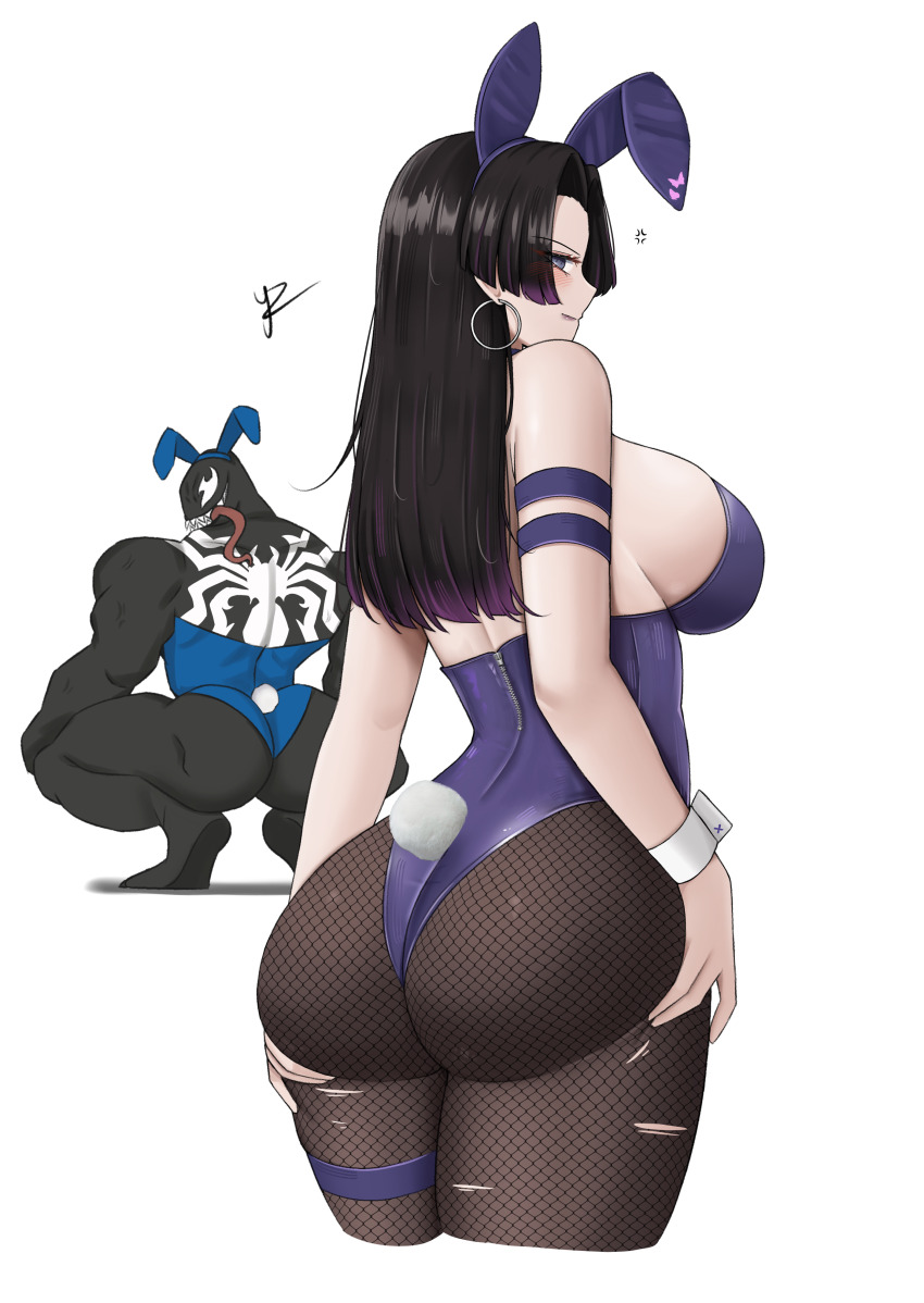 1boy 1girl absurdres animal_ears ass black_hair black_leotard blue_leotard breasts broly_culo_(meme) detached_collar fake_animal_ears fake_tail fishnet_pantyhose fishnets highleg highleg_leotard highres large_breasts leotard long_hair looking_at_viewer marvel marvel_rivals meme original pantyhose playboy_bunny psylocke psylocke_(vengeance) rabbit_ears rabbit_tail sideboob spider-man_(series) strapless strapless_leotard tail venom_(marvel) wrist_cuffs x-men yukaraishin