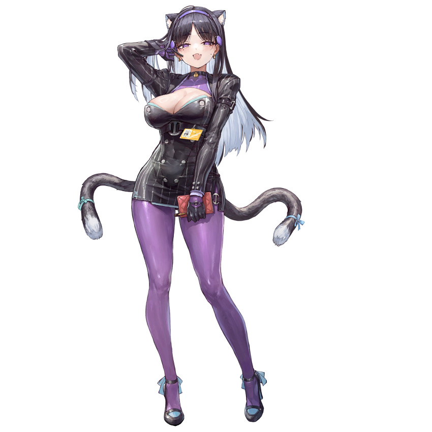1girl :3 animal_ears artist_request bell black_gloves black_hair black_shoes bodystocking breasts cat_ears cat_girl cat_tail cleavage_cutout clothing_cutout clutch_purse collar dress full_body game_cg girls&#039;_frontline girls&#039;_frontline_neural_cloud gloves hand_in_own_hair headset highres inola_(neural_cloud) large_breasts multiple_tails neck_bell official_art pinstripe_dress pinstripe_pattern purple_bodystocking purple_eyes shoes solo standing tachi-e tail third-party_source transparent_background two_tails