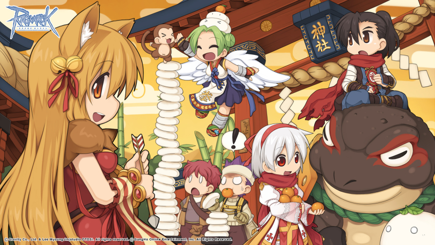 ! 3boys 3girls animal_ears arch_bishop_(ragnarok_online) arm_wrap arrow_(projectile) asymmetrical_bangs bamboo bell black_hair black_shirt blonde_hair blue_sash breasts brown_eyes brown_gloves closed_eyes copyright_notice cross detached_sleeves double_bun dress egasumi food fox_ears fox_girl frog fruit full_body gloves green_hair hair_bell hair_bun hair_ornament hair_ribbon high_ponytail highres holding holding_arrow jingle_bell kagami_mochi leaf logo long_hair long_sleeves looking_at_another looking_at_viewer mandarin_orange medium_breasts merchant_(ragnarok_online) mochi monkey multiple_boys multiple_girls ninja_(ragnarok_online) official_art official_wallpaper open_mouth orange_eyes orange_sky outdoors parted_bangs ponytail professor_(ragnarok_online) purple_hair purple_skirt ragnarok_online red_dress red_eyes red_hair red_ribbon red_scarf red_sleeves ribbon rope sash scarf shide shimenawa shirt short_hair skirt sky sleeveless sleeveless_dress sleeveless_shirt small_breasts smile spiked_hair spoken_exclamation_mark star_gladiator_(ragnarok_online) striped_sleeves sweater torii torn_clothes torn_scarf two-tone_dress valles_(ragnarok_online) vambraces very_long_hair white_dress white_hair white_shirt white_sweater yoyo_(ragnarok_online) yuichirou