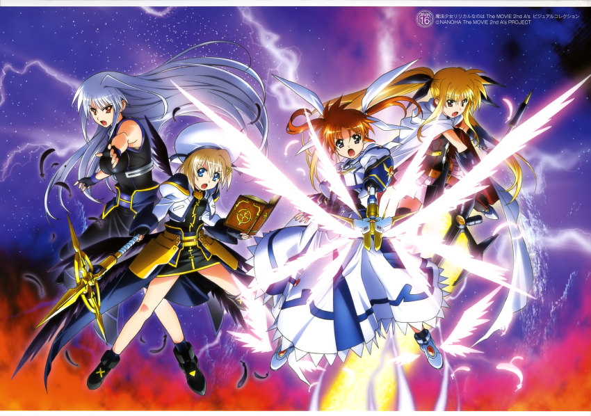 4girls :o absurdres artist_request bardiche_(nanoha) bardiche_(zanber_form)_(nanoha) belt black_legwear blonde_hair blue_eyes book boots brown_hair cape celtic_cross cross dress energy_sword energy_wings fate_testarossa fate_testarossa_(blaze_form) feathers fingerless_gloves fire gloves hair_ornament hair_ribbon hat highres huge_weapon jacket long_hair lyrical_nanoha mahou_shoujo_lyrical_nanoha mahou_shoujo_lyrical_nanoha_a&#039;s mahou_shoujo_lyrical_nanoha_the_movie_2nd_a&#039;s multiple_girls official_art open_clothes open_jacket orange_hair purple_eyes raising_heart raising_heart_(exelion_mode)_(2nd) red_eyes red_hair reinforce ribbon schwertkreuz shoes short_hair short_twintails silver_hair skirt staff star_(symbol) star_symbol_background sword takamachi_nanoha takamachi_nanoha_(exelion_mode) thighhighs tome_of_the_night_sky twintails unison_(nanoha) waist_cape weapon winged_footwear wings x_hair_ornament yagami_hayate
