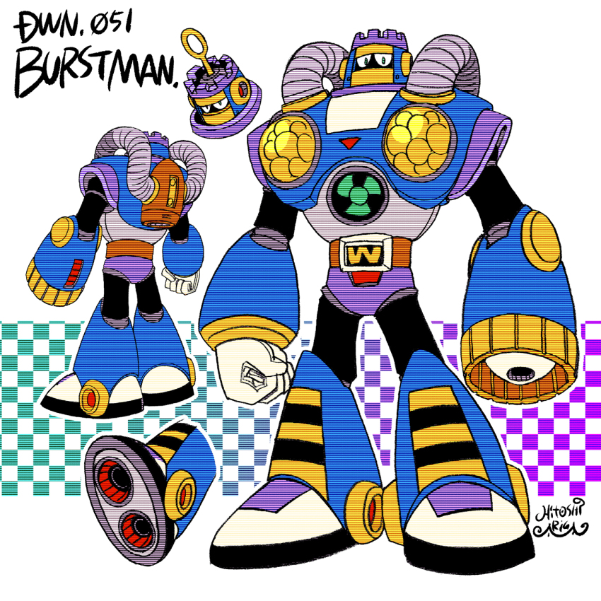 1boy android aqua_background ariga_hitoshi arm_cannon armor artist_name belt black_bodysuit blue_armor blue_footwear bodysuit boots bubble_wand burst_man character_name reference_sheet checkered_background chest_armor clenched_hand colored_shoe_soles commentary_request concept_art electric_fan from_behind full_body gradient_background green_eyes highres industrial_pipe knee_boots looking_ahead looking_at_viewer male_focus mega_man_(classic) mega_man_(series) mega_man_7 mega_man_megamix multiple_views no_humans no_mouth orange_belt portrait purple_background robot robot_ears scanlines shoe_soles shoulder_armor signature simple_background standing tank_(container) three_quarter_view turnaround weapon white_background