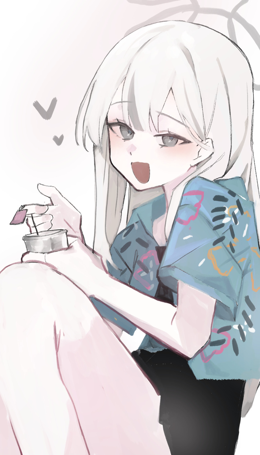 absurdres black_necktie black_skirt blue_archive blue_shirt collared_shirt cup grey_hair grey_halo halo hawaiian_shirt heart highres ka_keo konoka_(blue_archive) looking_at_viewer necktie open_clothes shirt simple_background skirt teabag white_background