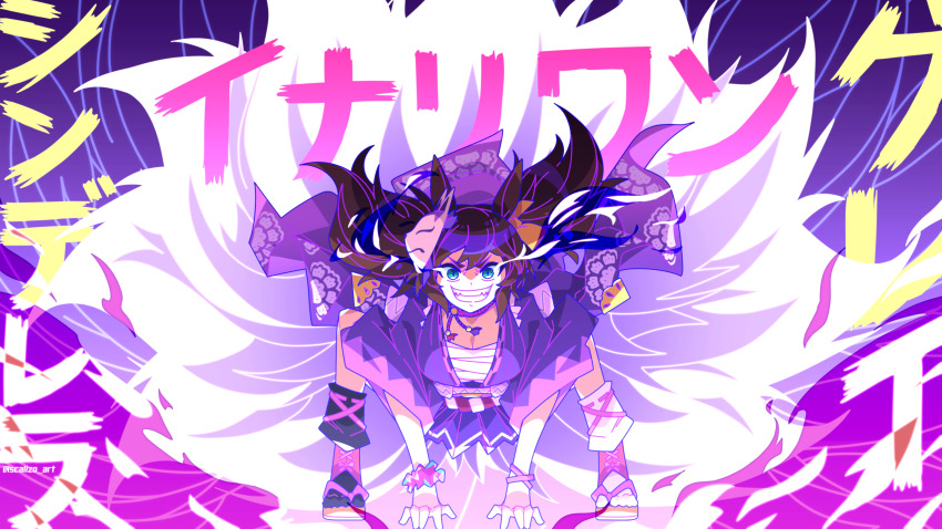 1girl aura black_hair black_socks bracelet character_name commentary commission copyright_name fangs fox_mask green_eyes grin highres horse_girl inari_one_(umamusume) japanese_clothes jewelry kimono leaning_forward long_hair long_sleeves looking_at_viewer loose_socks mask mask_on_head mismatched_socks purple_kimono sandals sarashi scalizo smile socks solo squatting translated twintails twitter_username umamusume umamusume:_cinderella_gray white_socks wide_sleeves